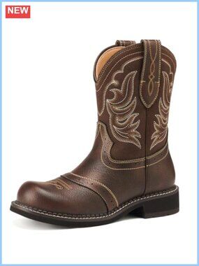 Women's Western Cowboy Ankle Boots Embroidered Round Toe Block Heel Pull On